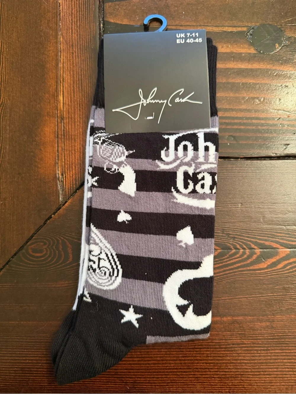 Johnny Cash Black & Gray Striped Graphic Crew Socks